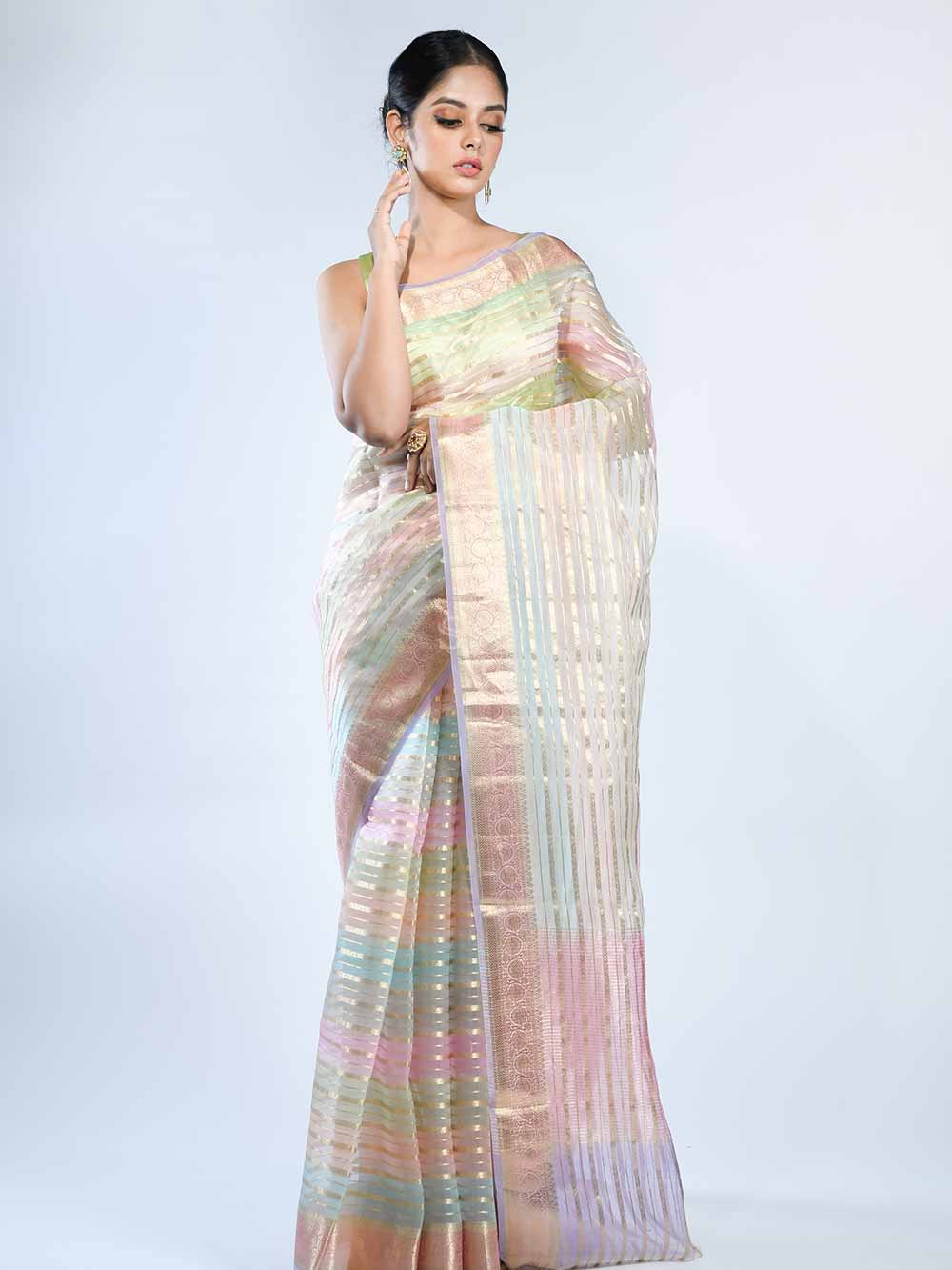 Multicolor Rangkat Organza Handloom Banarasi Saree - Sacred Weaves