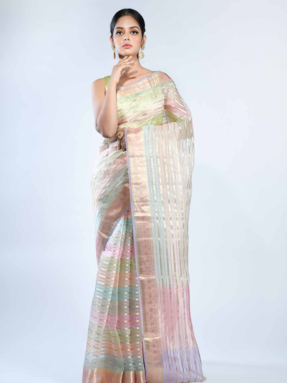 Multicolor Rangkat Organza Handloom Banarasi Saree - Sacred Weaves