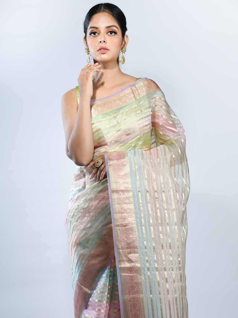 Multicolor Rangkat Organza Handloom Banarasi Saree - Sacred Weaves