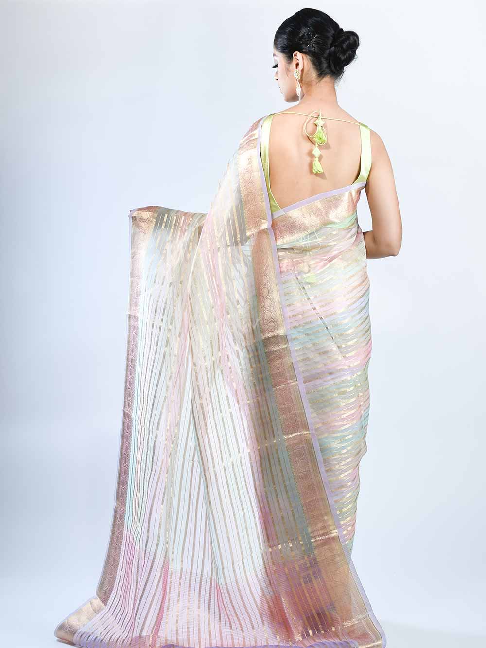 Multicolor Rangkat Organza Handloom Banarasi Saree - Sacred Weaves