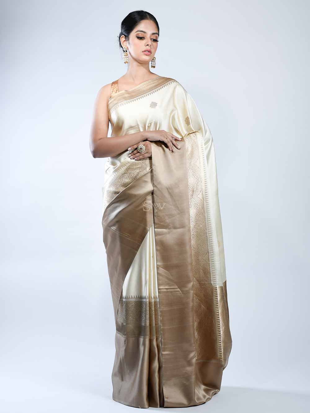 Beige Boota Satin Silk Handloom Banarasi Saree - Sacred Weaves