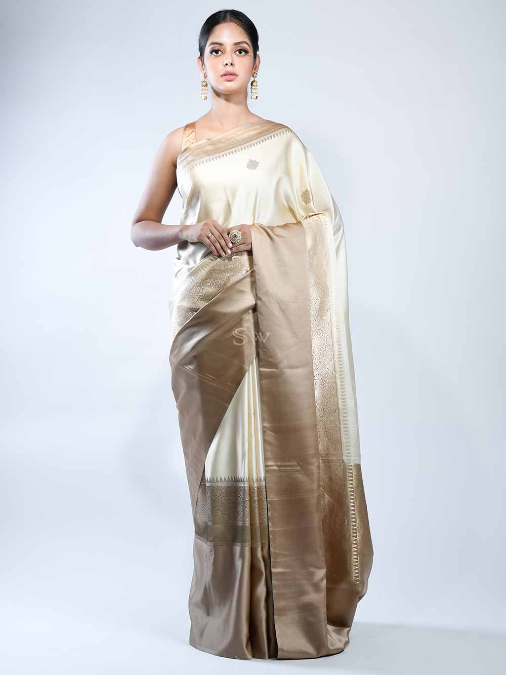 Beige Boota Satin Silk Handloom Banarasi Saree - Sacred Weaves