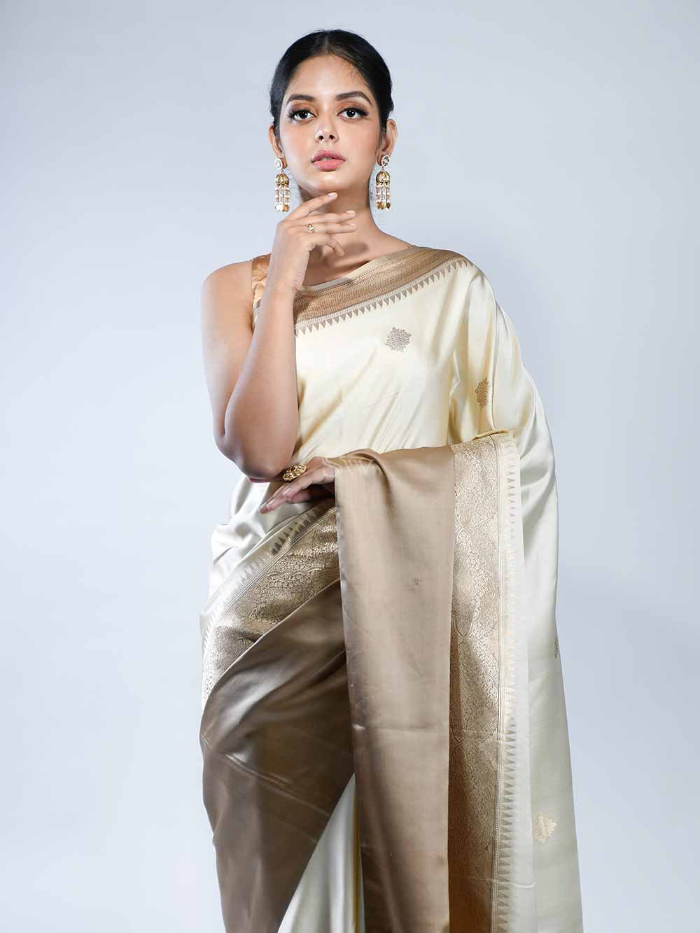 Beige Boota Satin Silk Handloom Banarasi Saree - Sacred Weaves