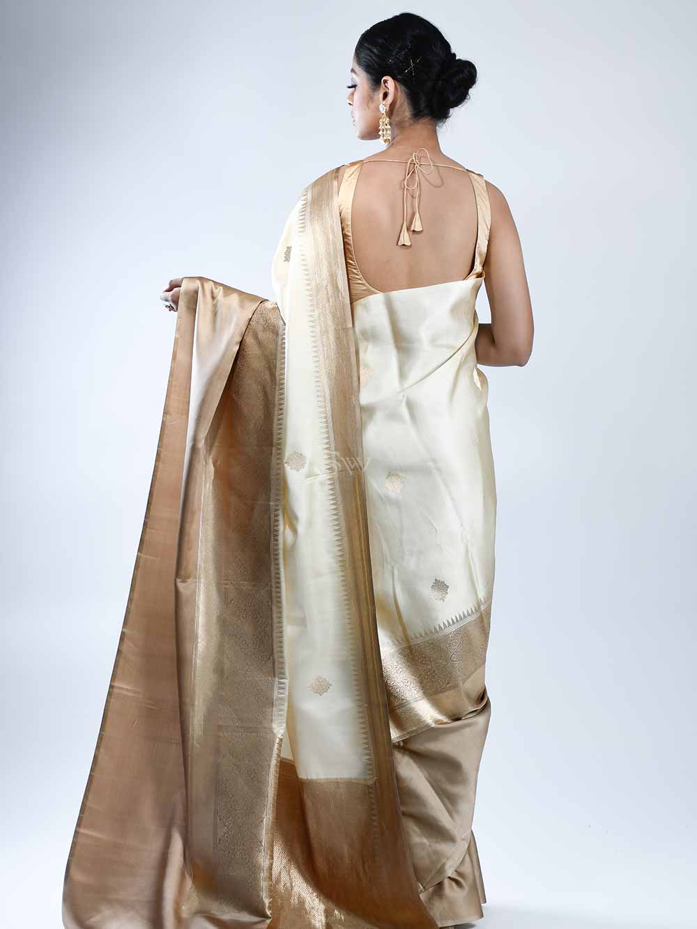 Beige Boota Satin Silk Handloom Banarasi Saree - Sacred Weaves