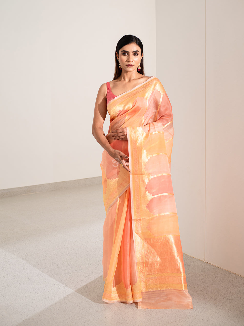 Peach Pink Rangkat Organza Handloom Banarasi Saree - Sacred Weaves