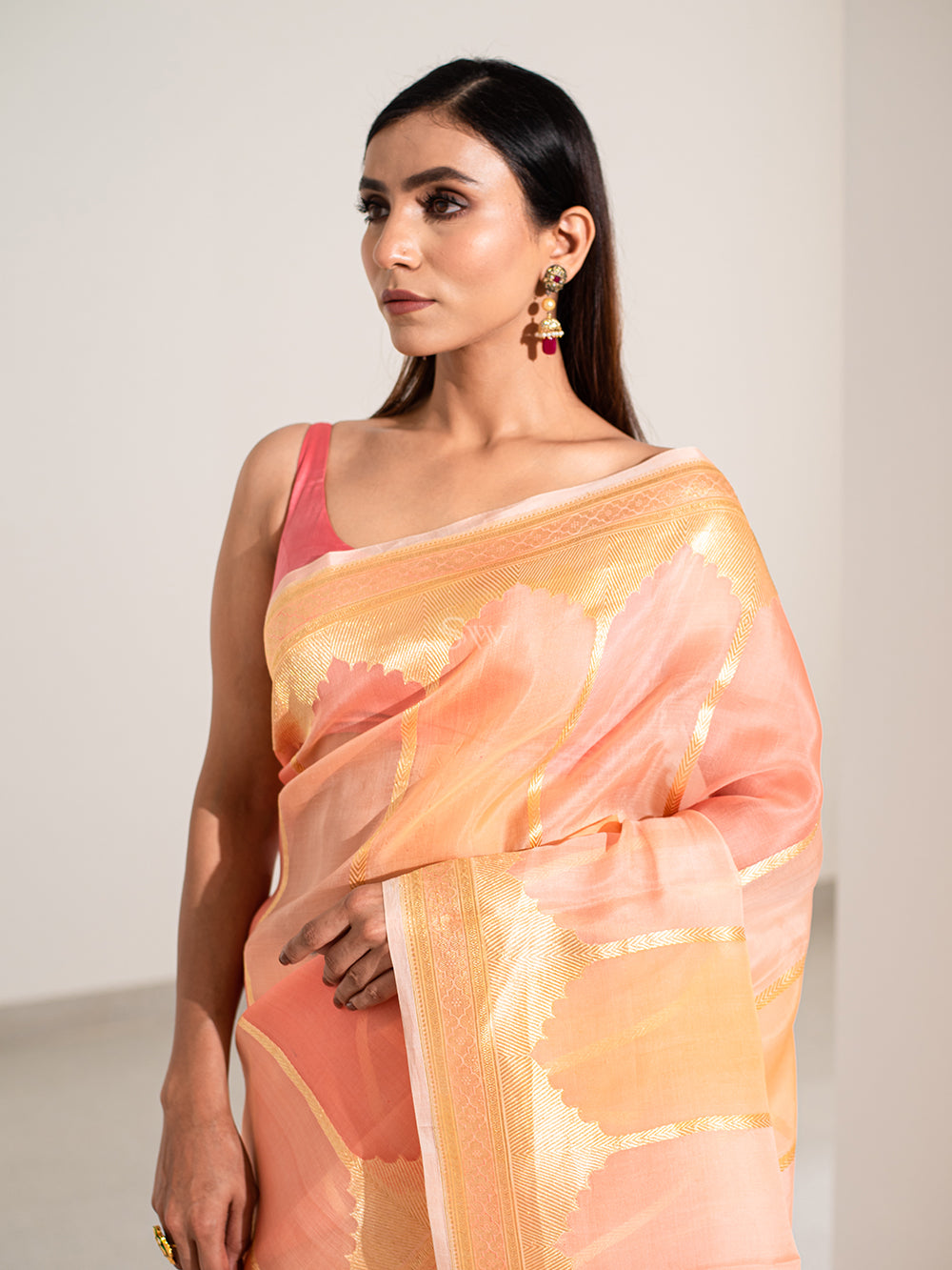 Peach Pink Rangkat Organza Handloom Banarasi Saree - Sacred Weaves