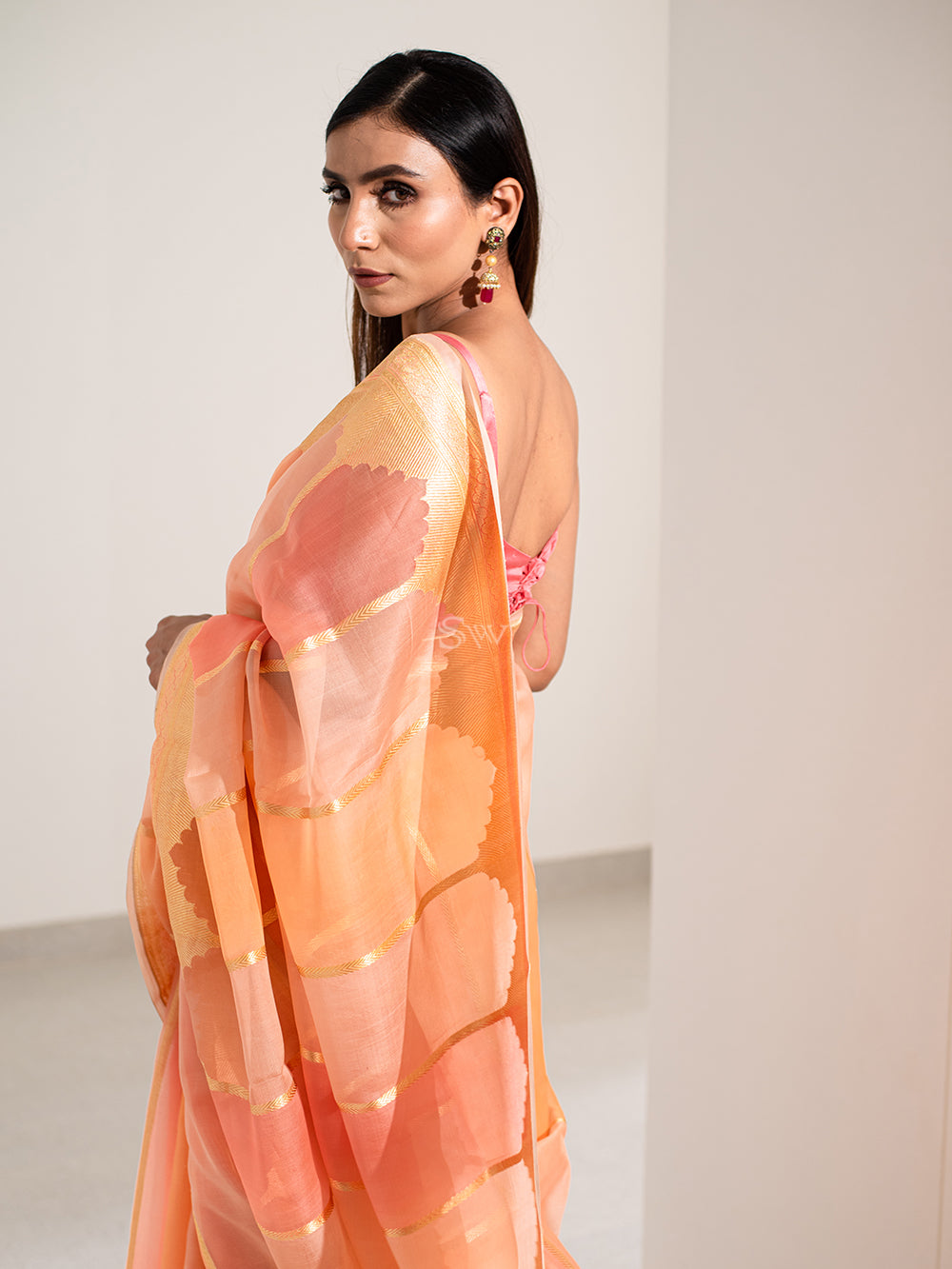 Peach Pink Rangkat Organza Handloom Banarasi Saree - Sacred Weaves