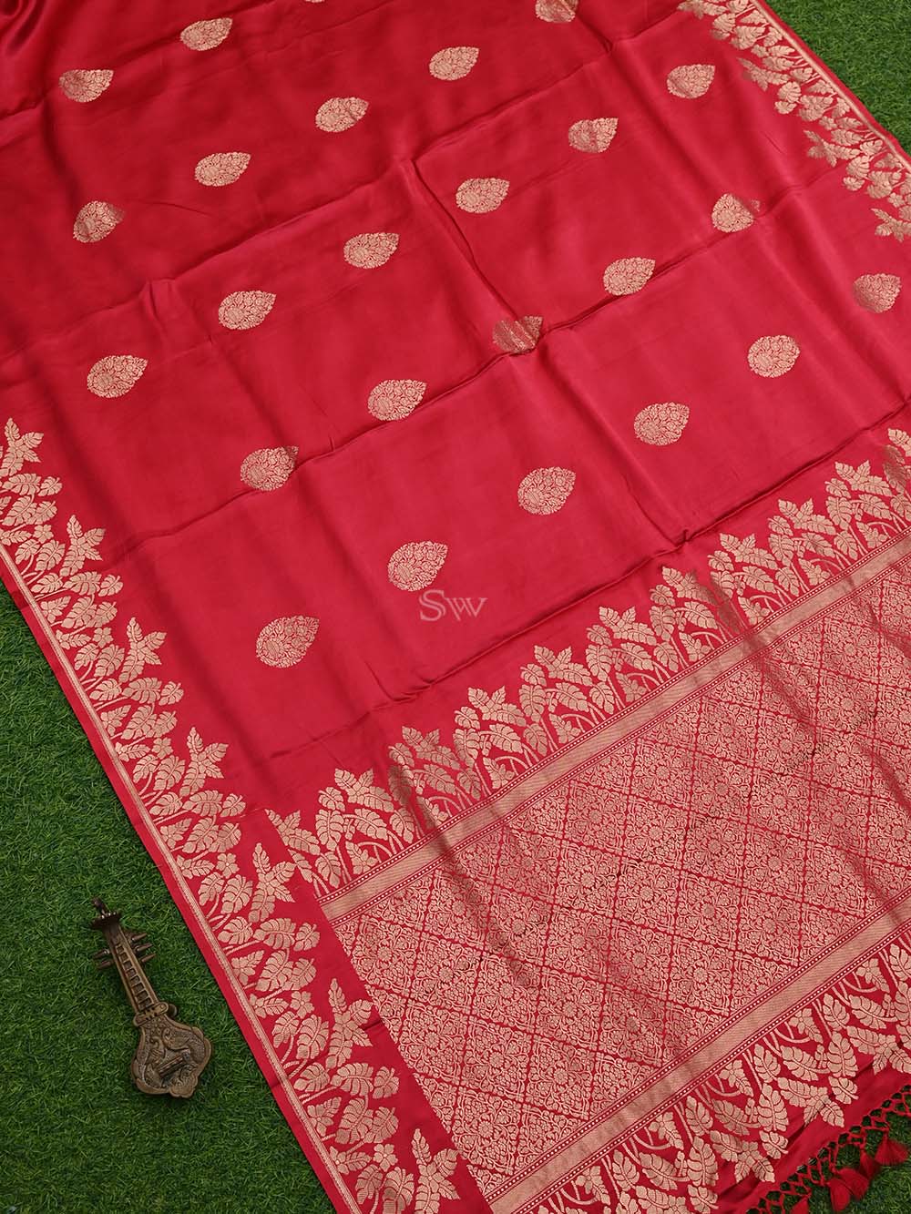 Red Boota Satin Silk Handloom Banarasi Saree - Sacred Weaves
