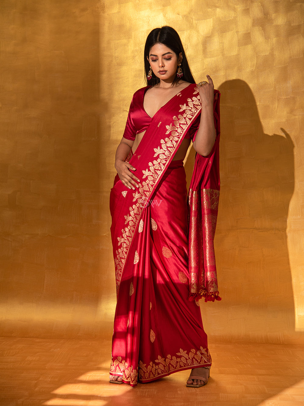 Red Boota Satin Silk Handloom Banarasi Saree - Sacred Weaves