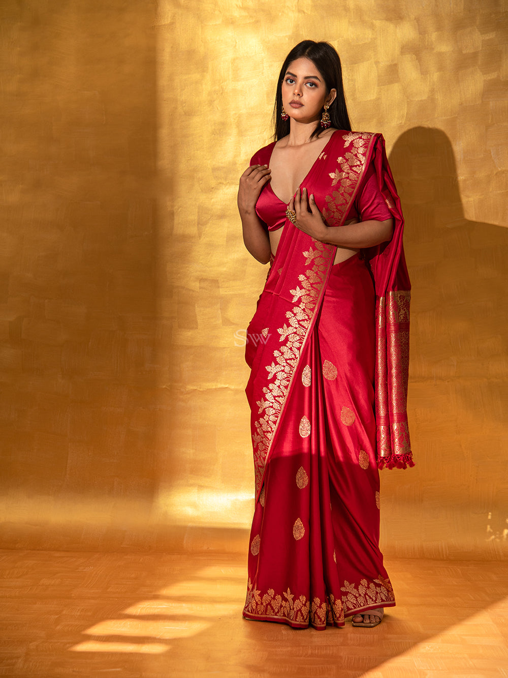 Red Boota Satin Silk Handloom Banarasi Saree - Sacred Weaves