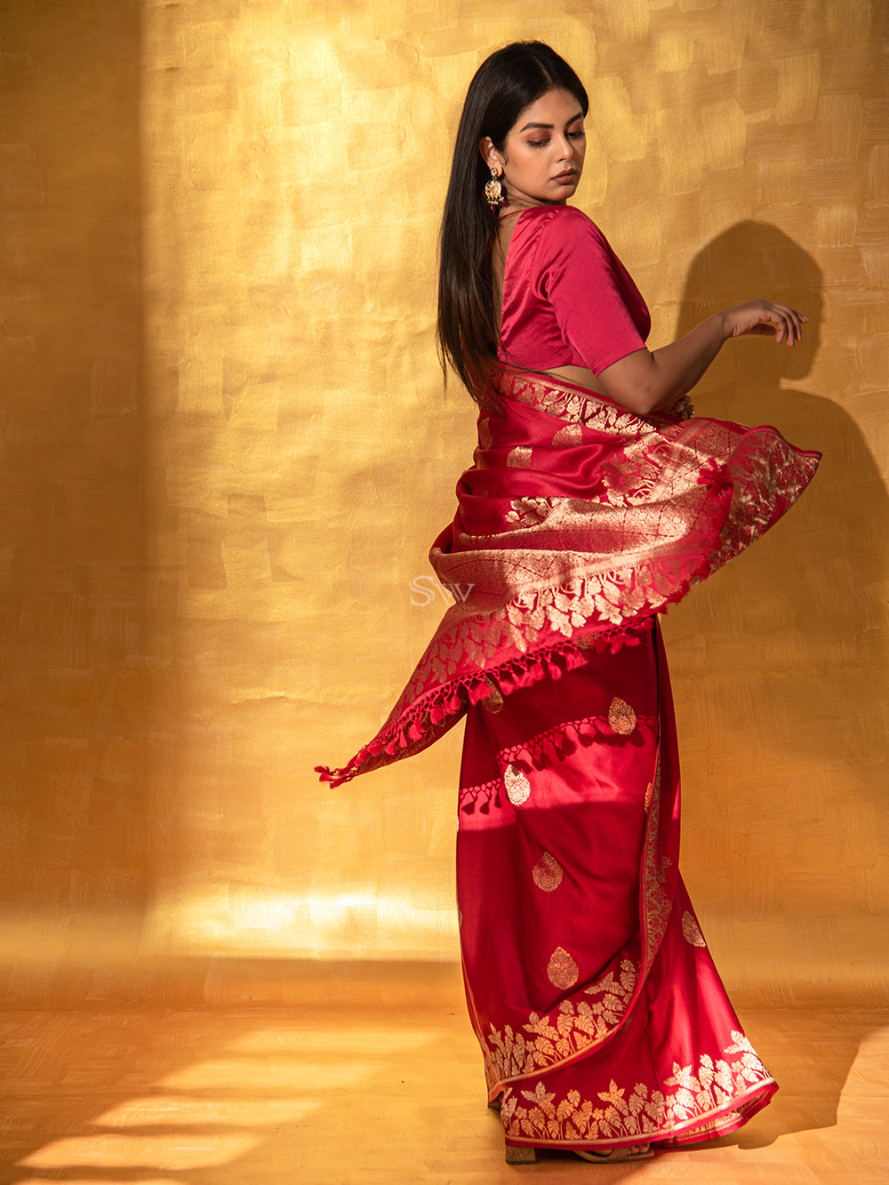 Red Boota Satin Silk Handloom Banarasi Saree - Sacred Weaves