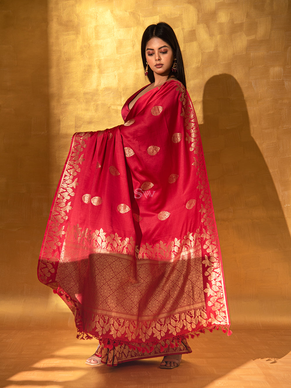 Red Boota Satin Silk Handloom Banarasi Saree - Sacred Weaves