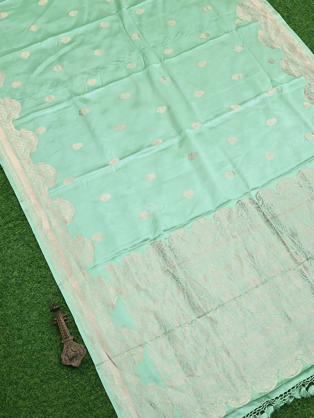 Seafoam Green Booti Satin Silk Handloom Banarasi Saree - Sacred Weaves