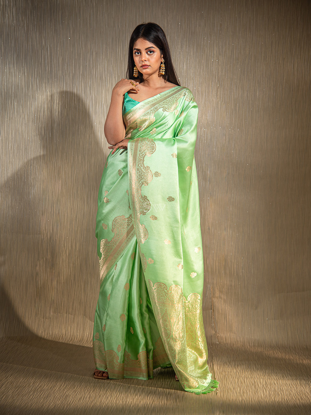 Seafoam Green Booti Satin Silk Handloom Banarasi Saree - Sacred Weaves