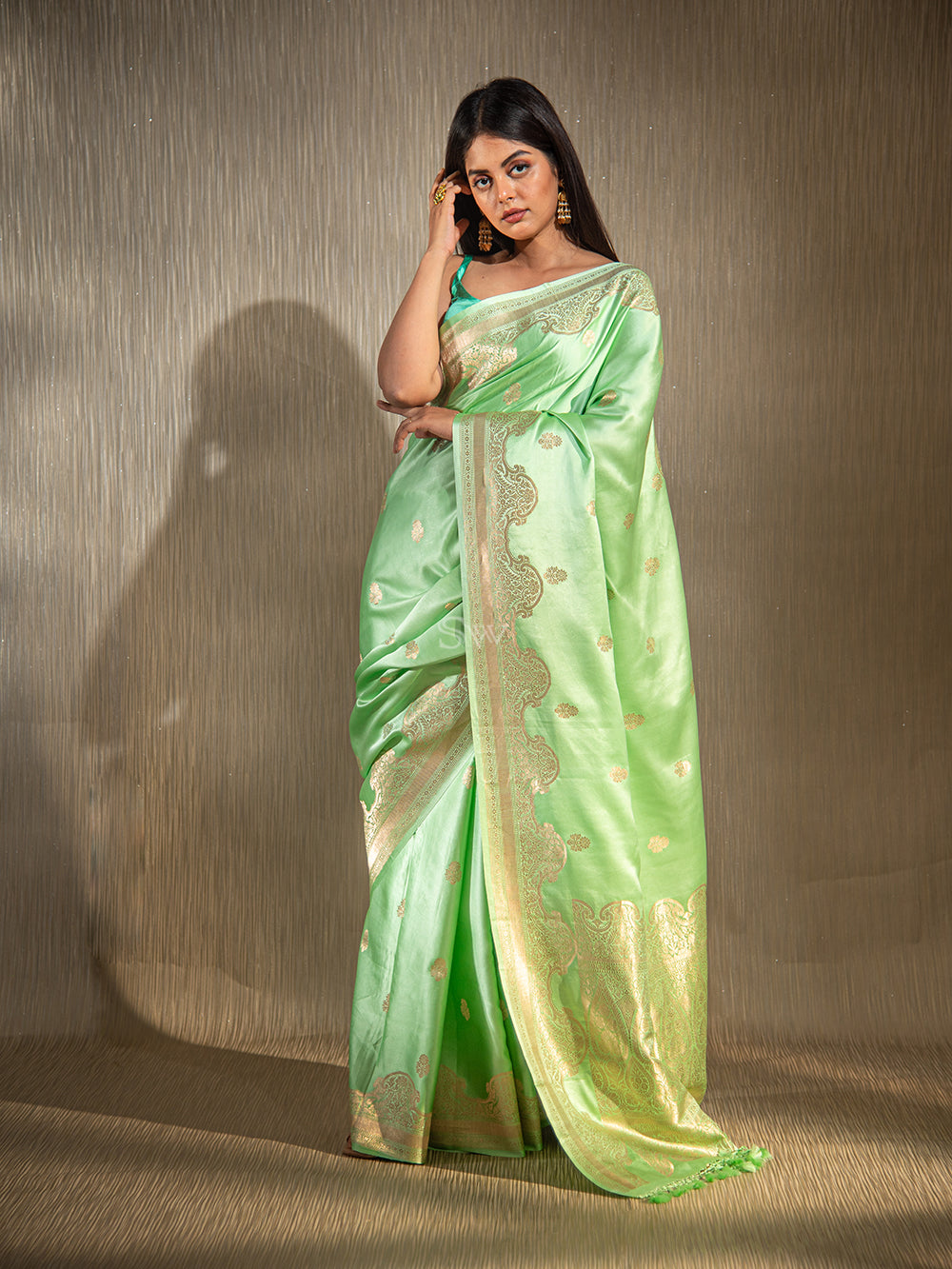 Seafoam Green Booti Satin Silk Handloom Banarasi Saree - Sacred Weaves