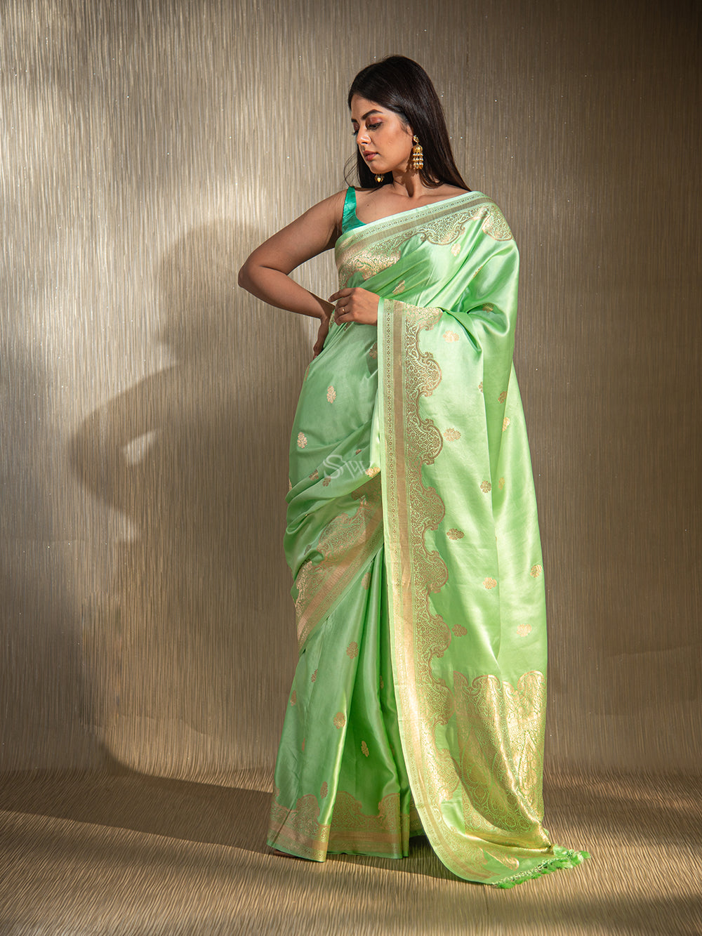 Seafoam Green Booti Satin Silk Handloom Banarasi Saree - Sacred Weaves