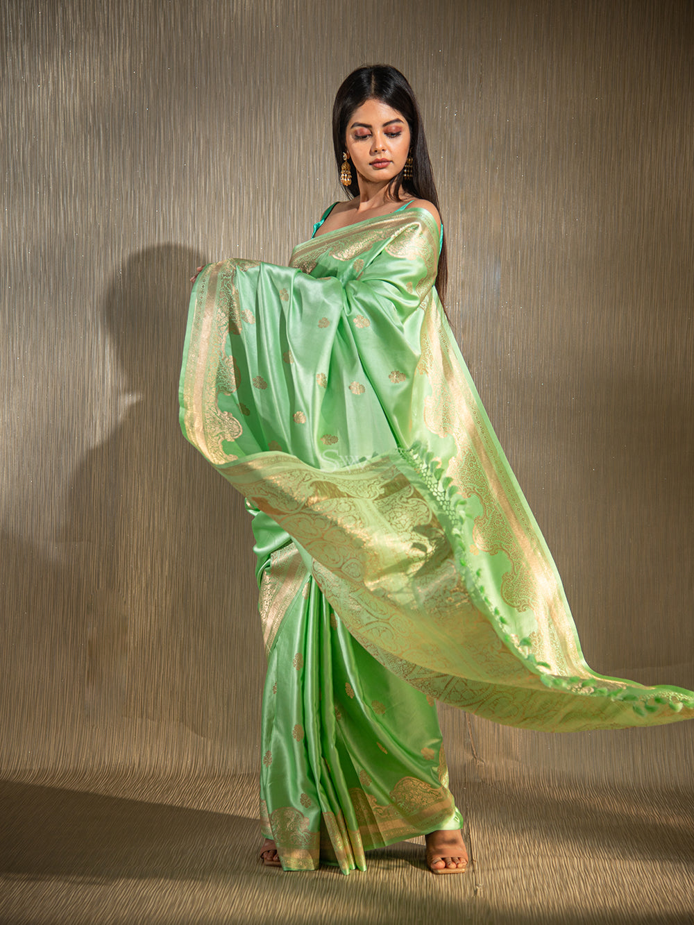 Seafoam Green Booti Satin Silk Handloom Banarasi Saree - Sacred Weaves