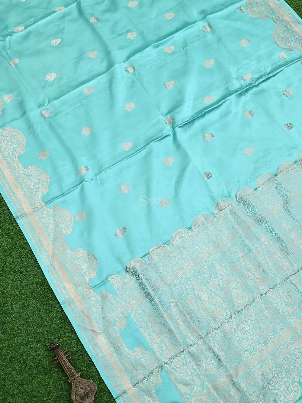 Aqua Blue Booti Satin Silk Handloom Banarasi Saree - Sacred Weaves