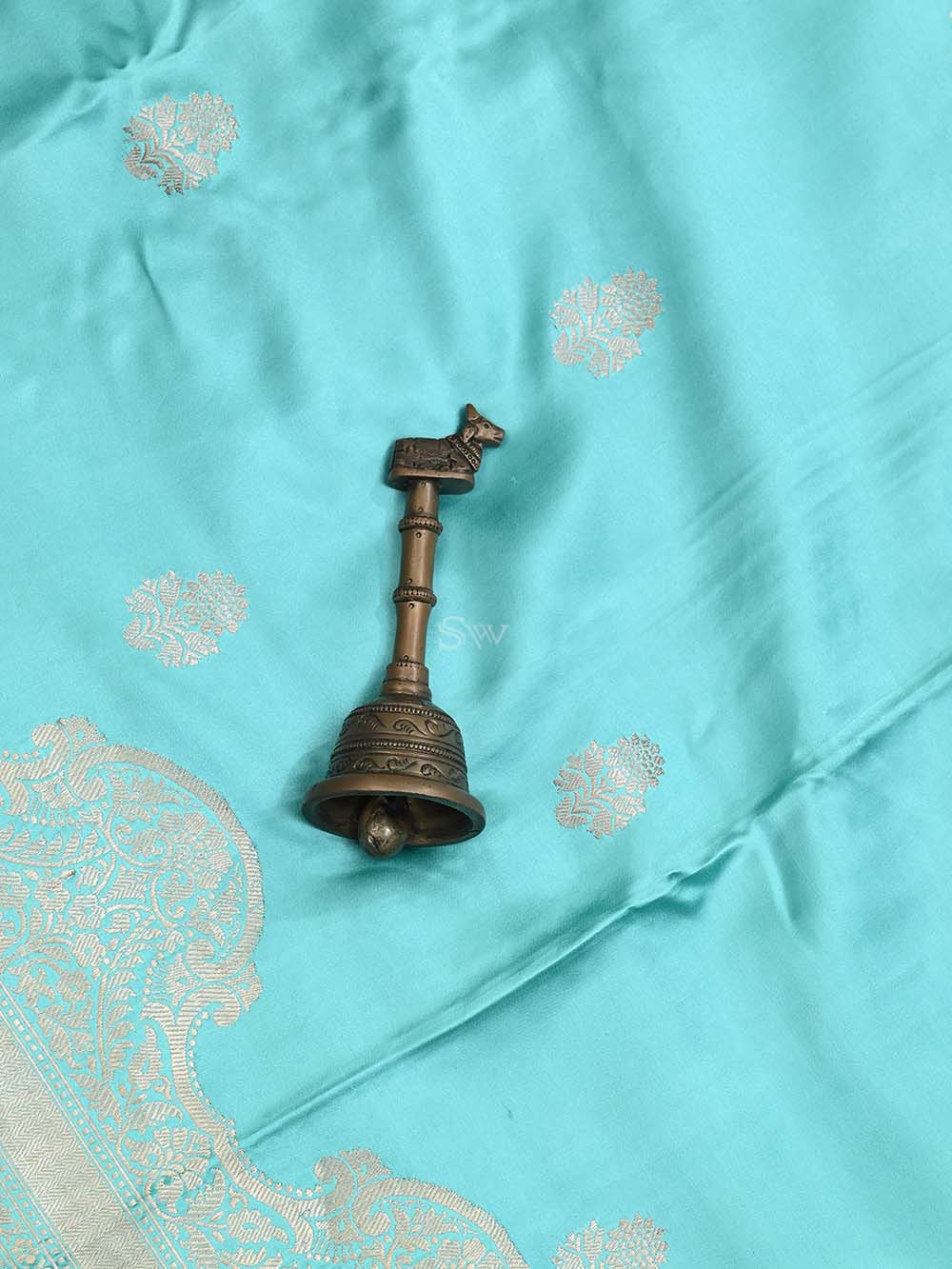 Aqua Blue Booti Satin Silk Handloom Banarasi Saree - Sacred Weaves