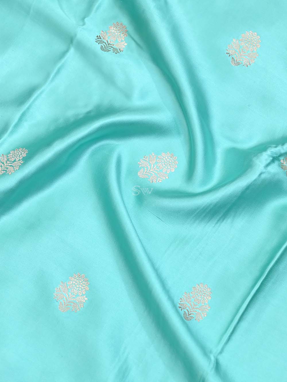 Aqua Blue Booti Satin Silk Handloom Banarasi Saree - Sacred Weaves