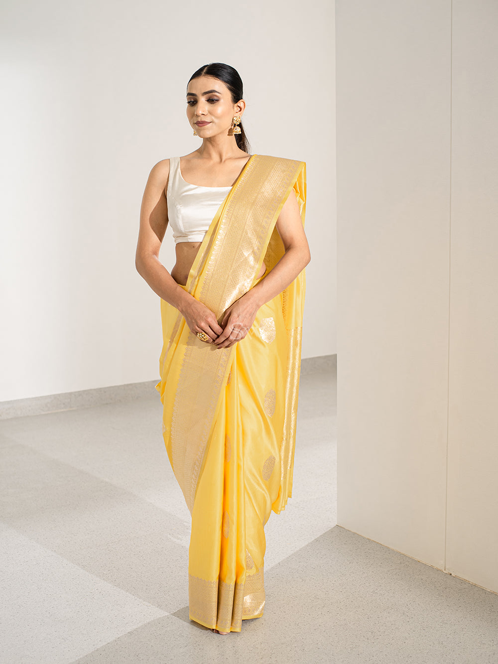 Yellow Boota Satin Silk Handloom Banarasi Saree - Sacred Weaves