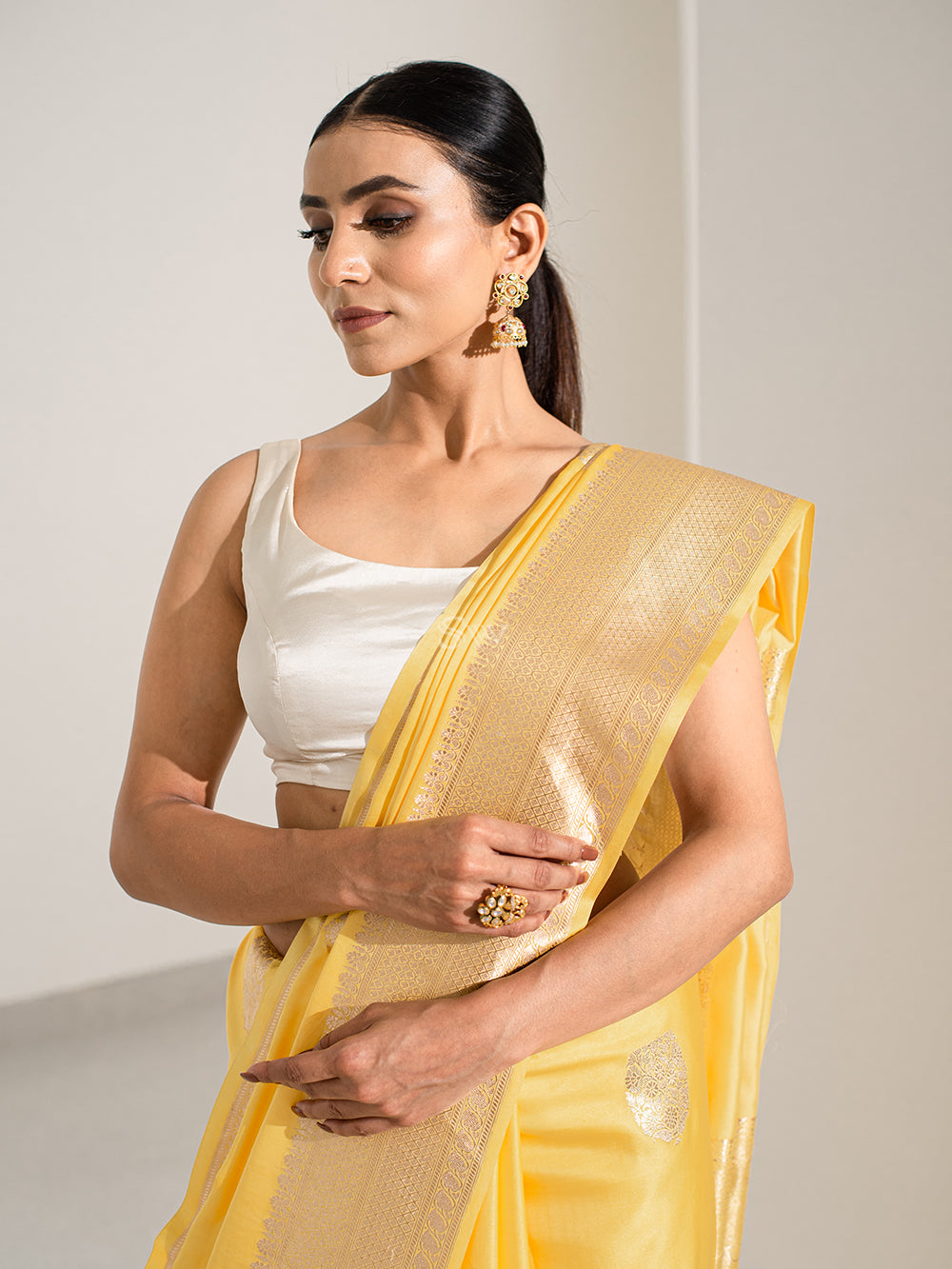Yellow Boota Satin Silk Handloom Banarasi Saree - Sacred Weaves