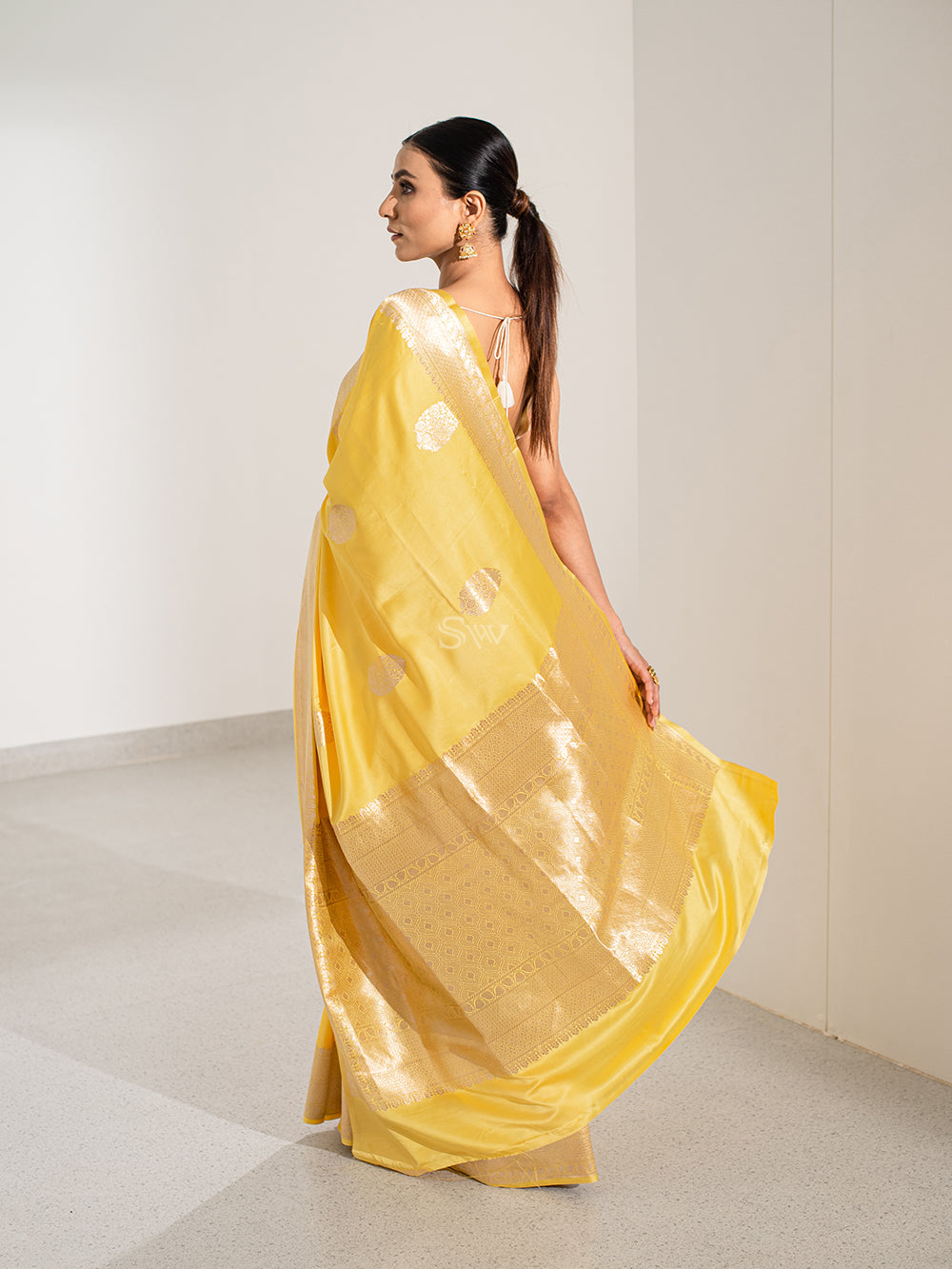 Yellow Boota Satin Silk Handloom Banarasi Saree - Sacred Weaves