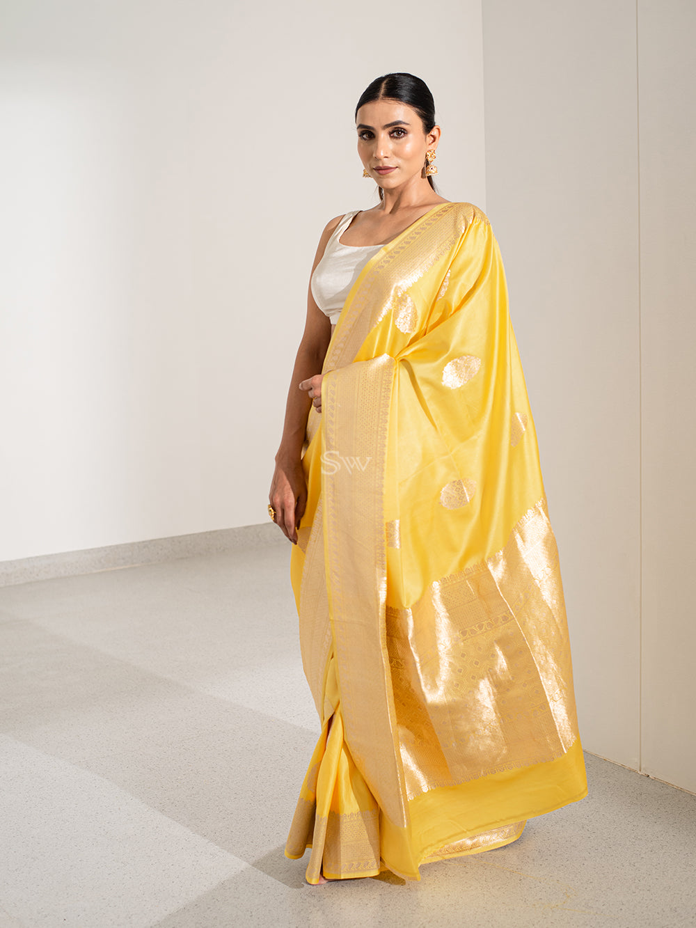 Yellow Boota Satin Silk Handloom Banarasi Saree - Sacred Weaves