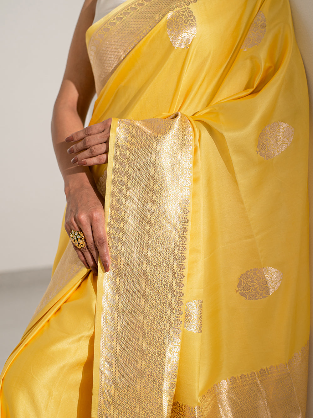 Yellow Boota Satin Silk Handloom Banarasi Saree - Sacred Weaves