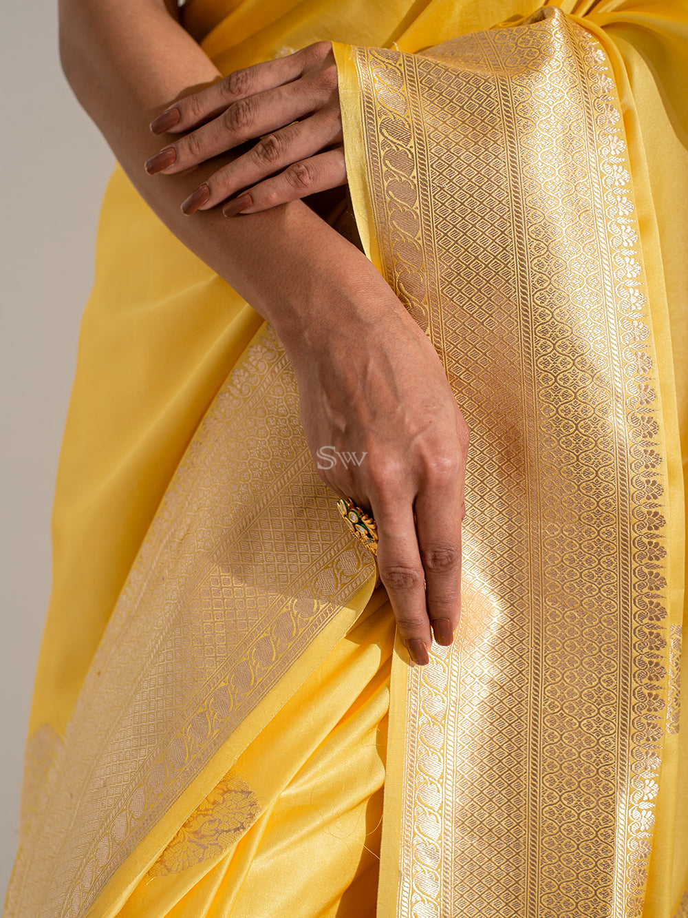 Yellow Boota Satin Silk Handloom Banarasi Saree - Sacred Weaves