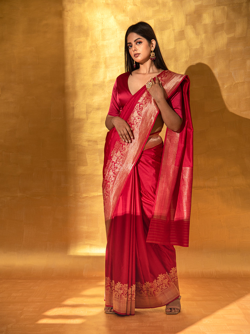 Red Plain Satin Silk Handloom Banarasi Saree - Sacred Weaves