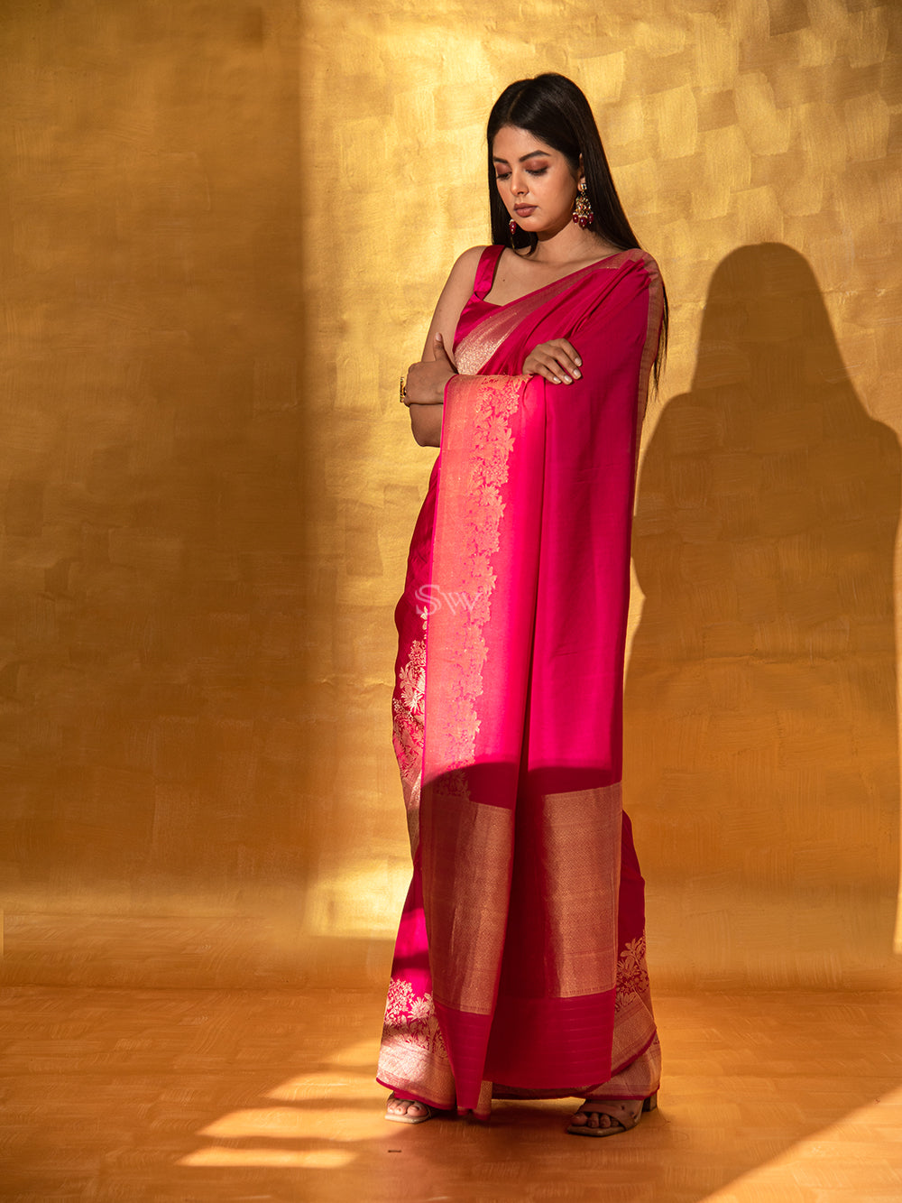 Magenta Plain Satin Silk Handloom Banarasi Saree - Sacred Weaves