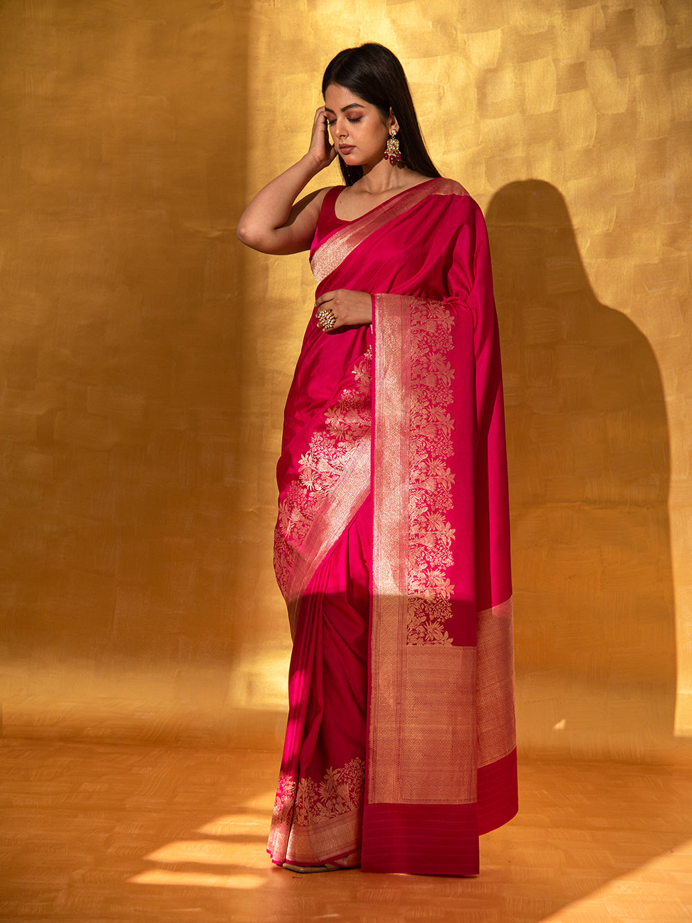 Magenta Plain Satin Silk Handloom Banarasi Saree - Sacred Weaves