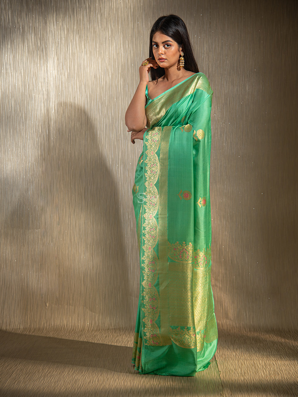 Sea Green Mashru Satin Silk Handloom Banarasi Saree - Sacred Weaves