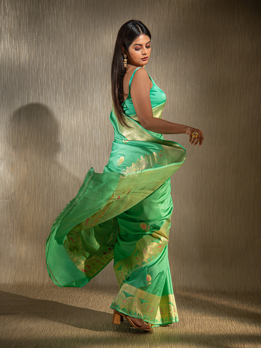 Sea Green Mashru Satin Silk Handloom Banarasi Saree - Sacred Weaves