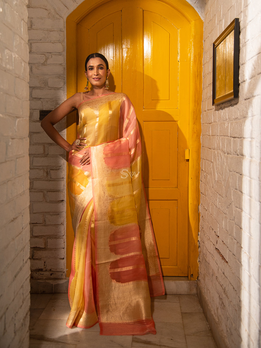 orange with pink Banarasi kora organza saree with blouse. – Meshira