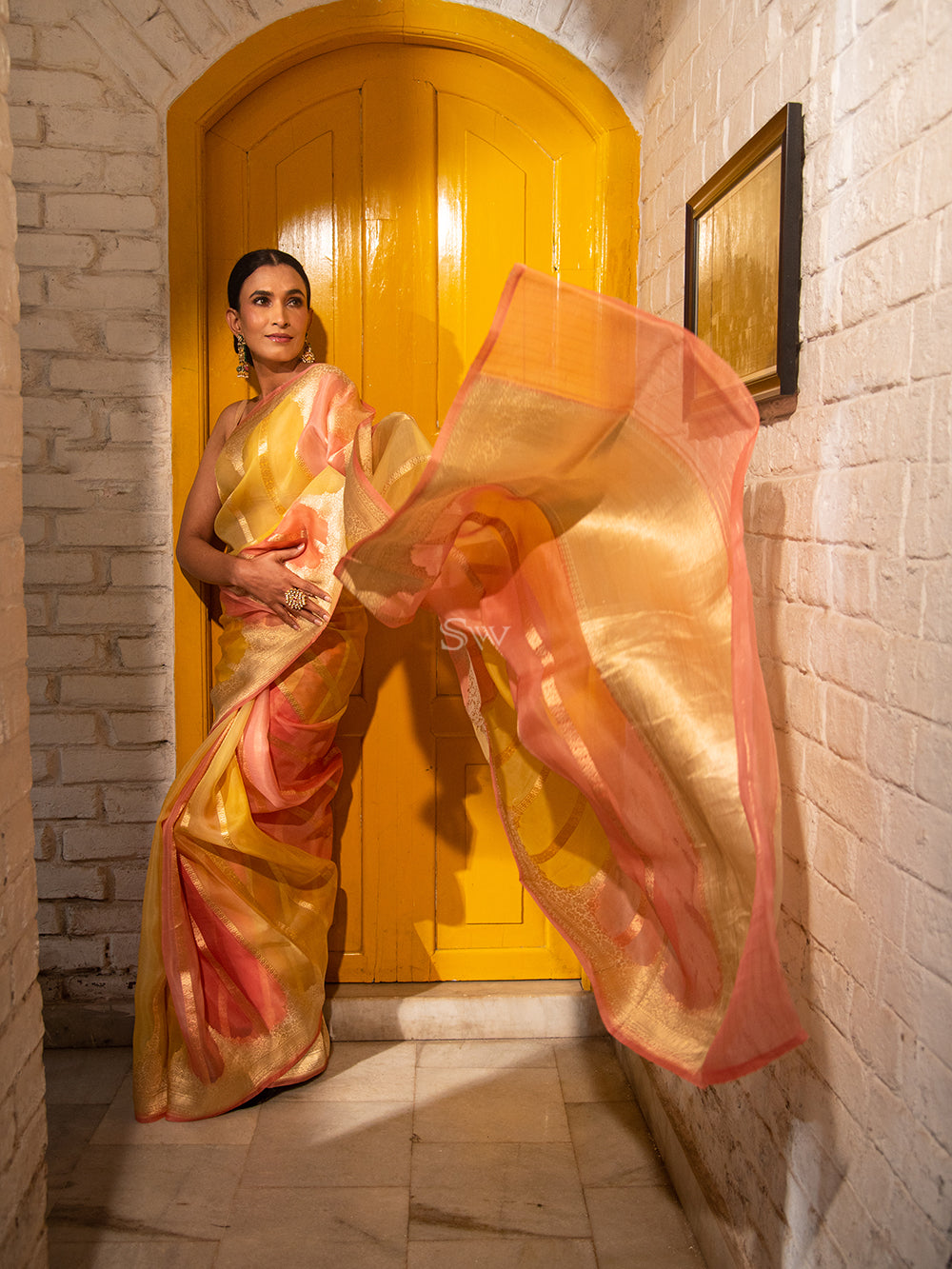 Yellow Pink Rangkat Organza Handloom Banarasi Saree - Sacred Weaves