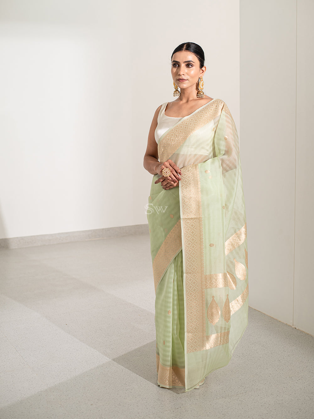 Pastel Pista Green Booti Organza Handloom Banarasi Saree - Sacred Weaves