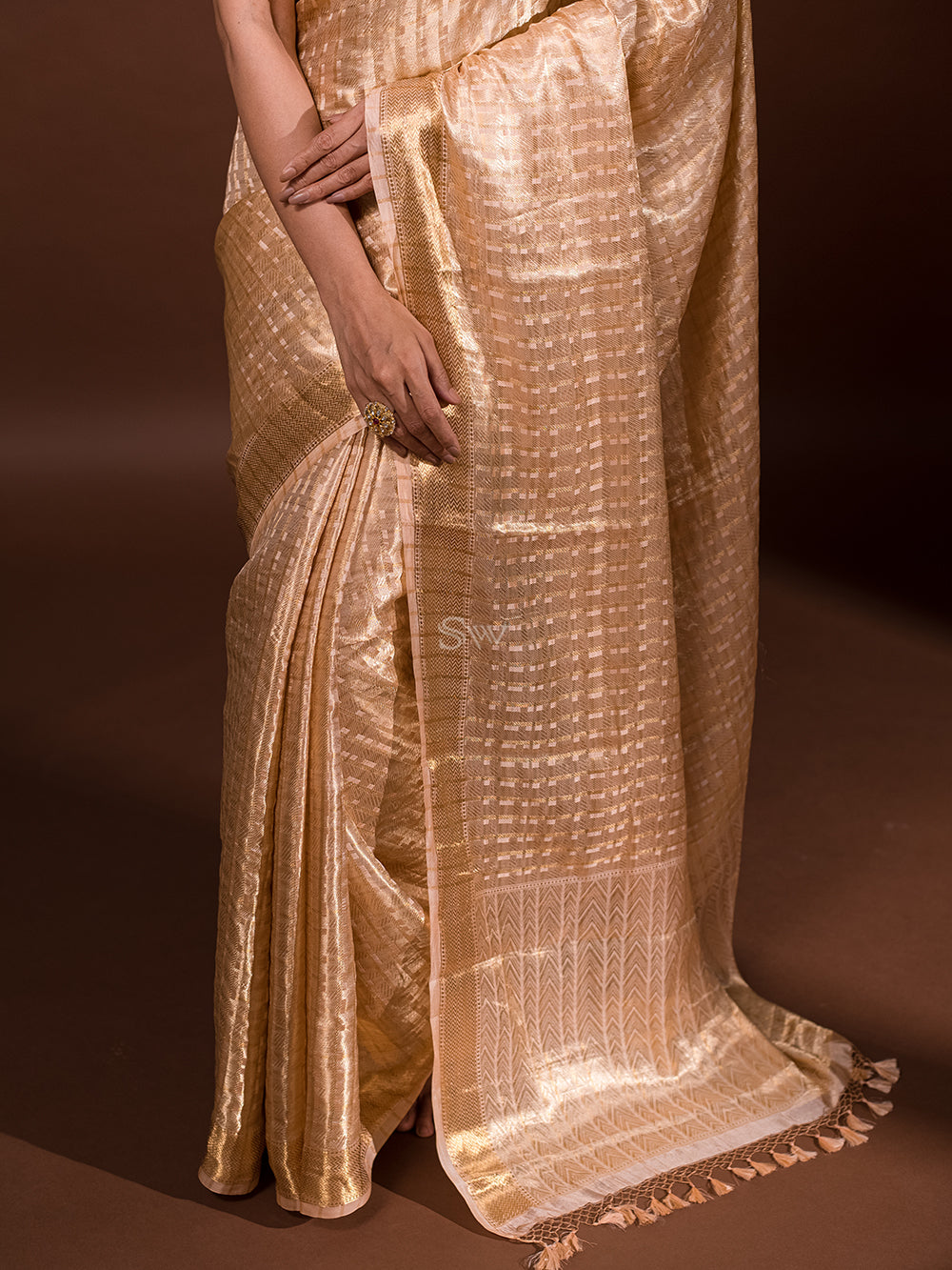 Peach Tissue Brocade Handloom Banarasi Saree - Sacred Weaves