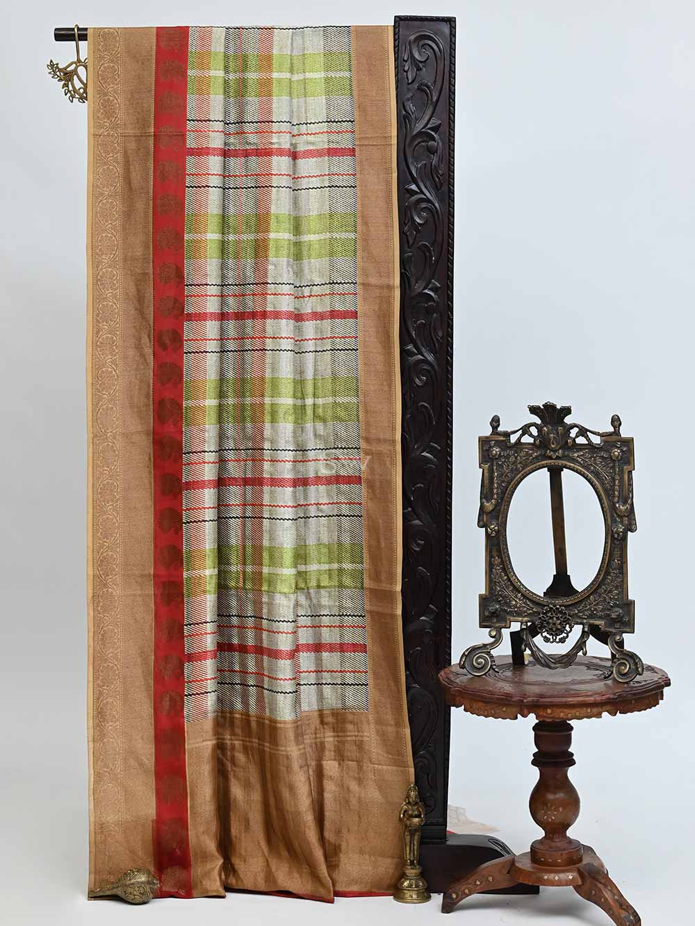 Beige Red Check Silk Printed Banarasi Saree - Sacred Weaves