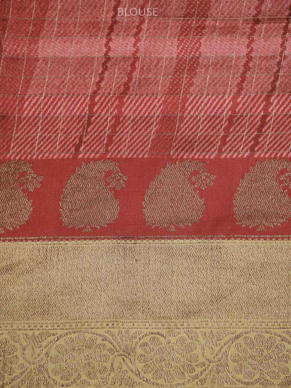 Beige Red Check Silk Printed Banarasi Saree - Sacred Weaves