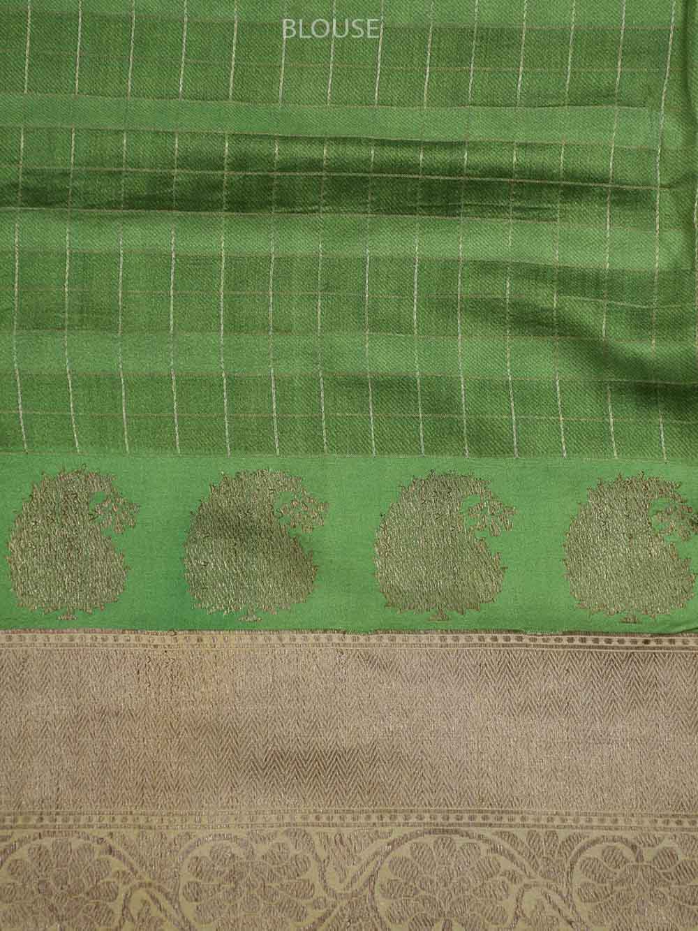 Blue Green Check Silk Printed Banarasi Saree - Sacred Weaves