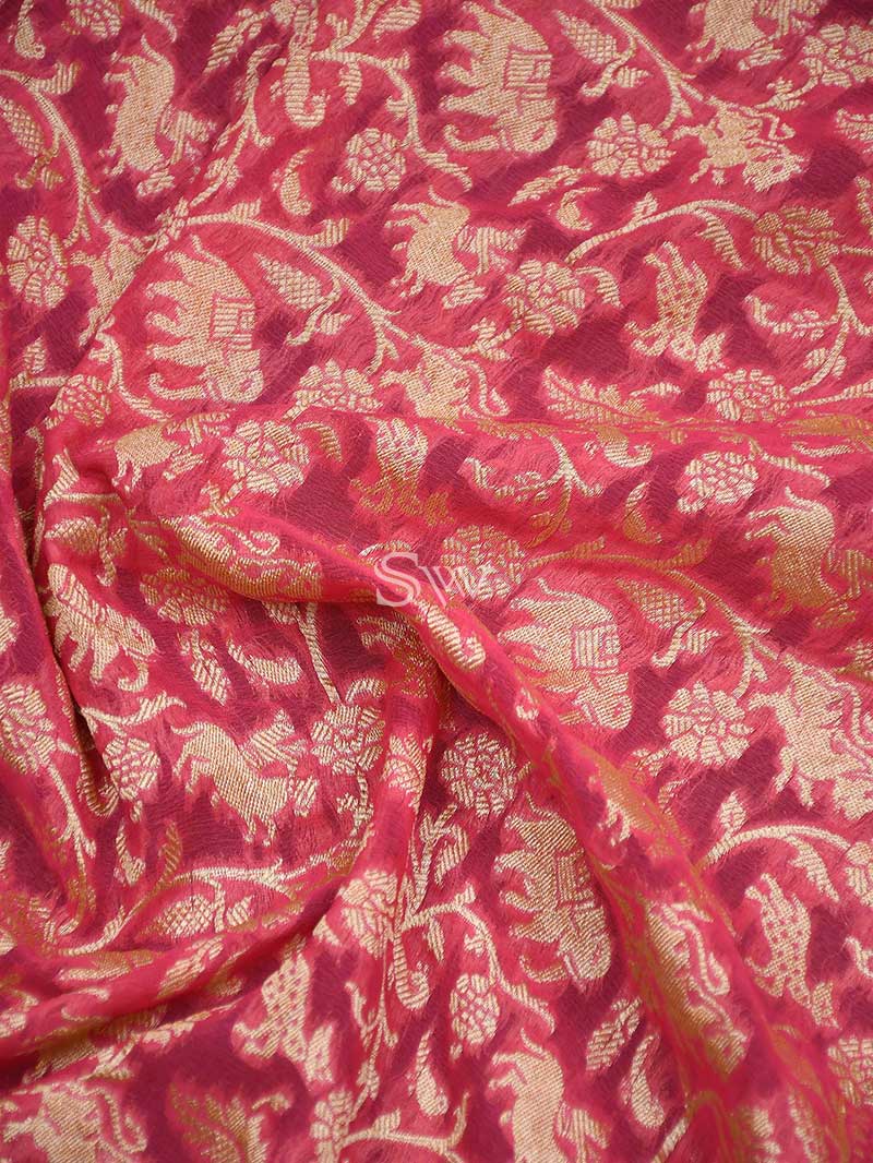 Pink Shikargah Khaddi Georgette Handloom Banarasi Saree - Sacred Weaves