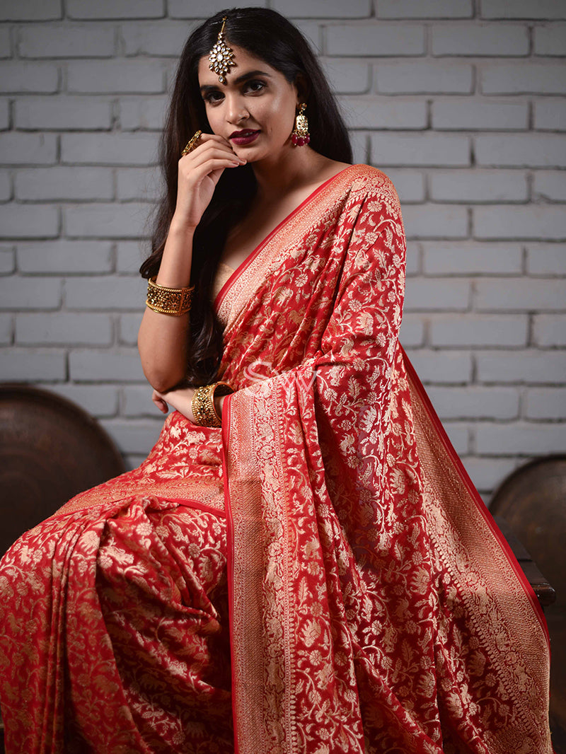 Red Khaddi Georgette Handloom Banarasi Saree - Sacred Weaves