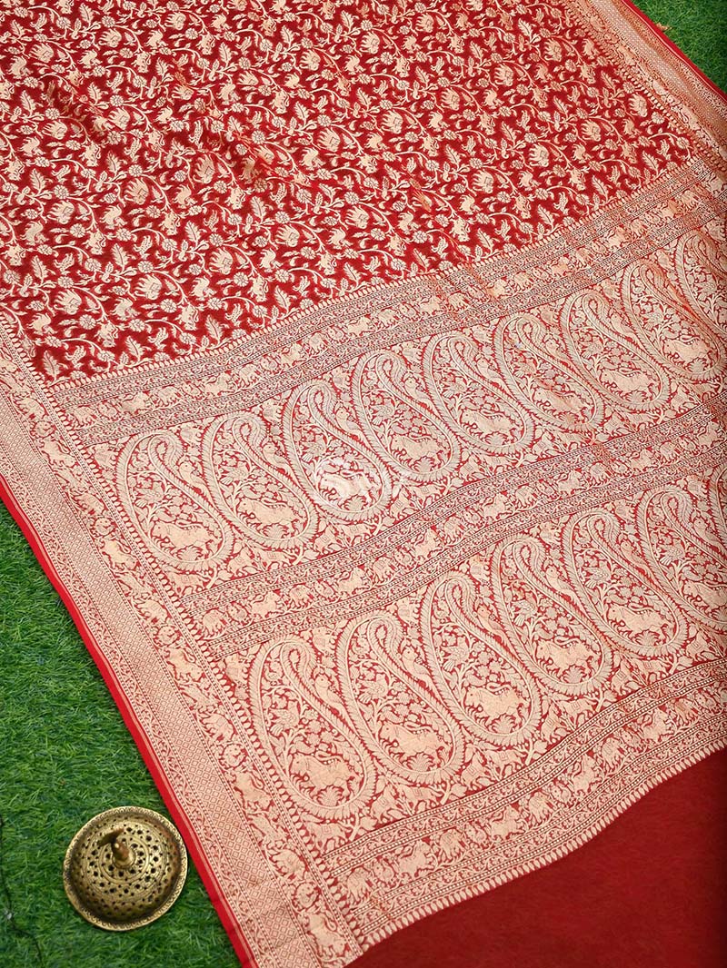Red Khaddi Georgette Handloom Banarasi Saree - Sacred Weaves