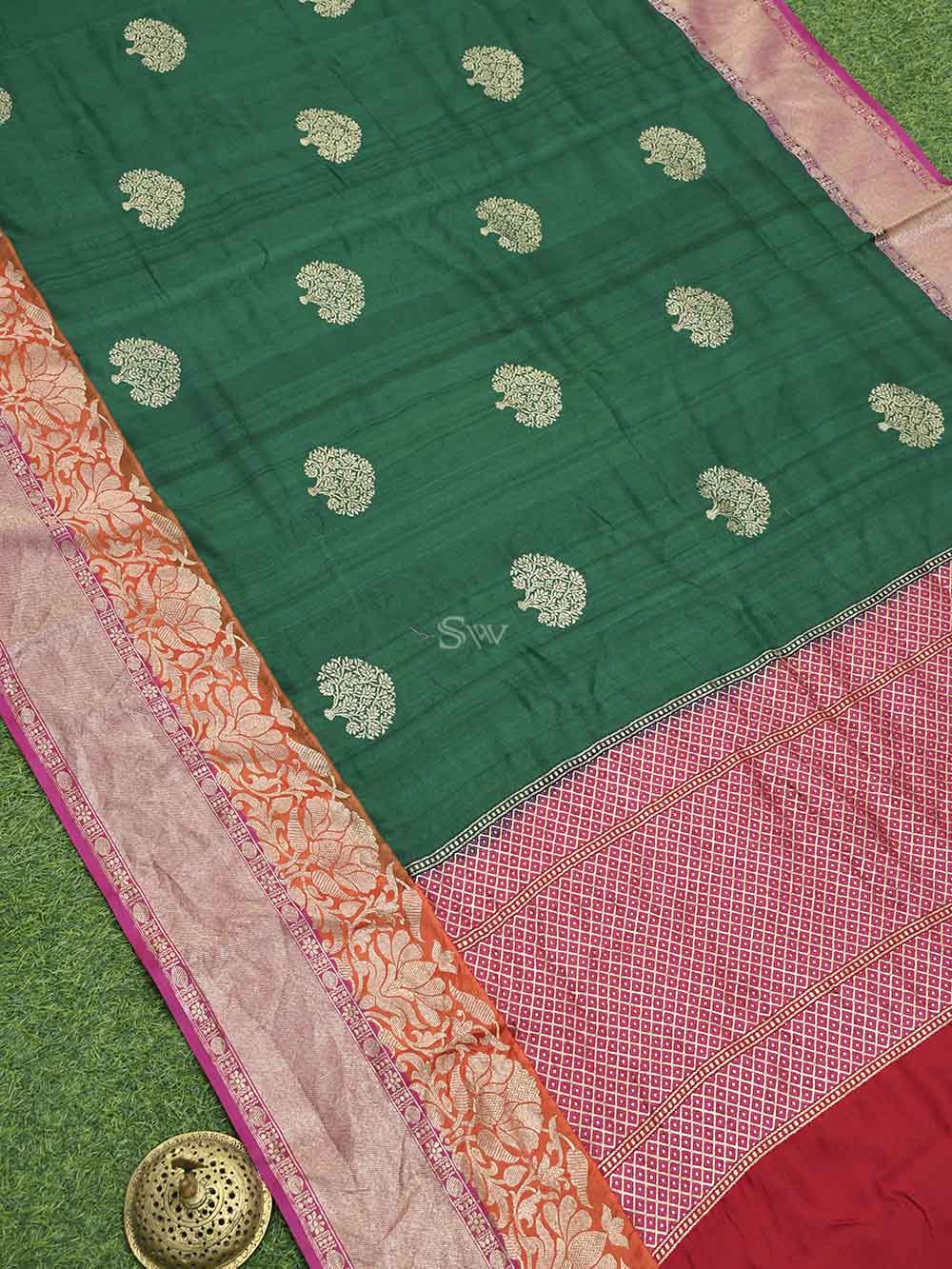 Dark Green Tussar Silk Handloom Banarasi Saree - Sacred Weaves