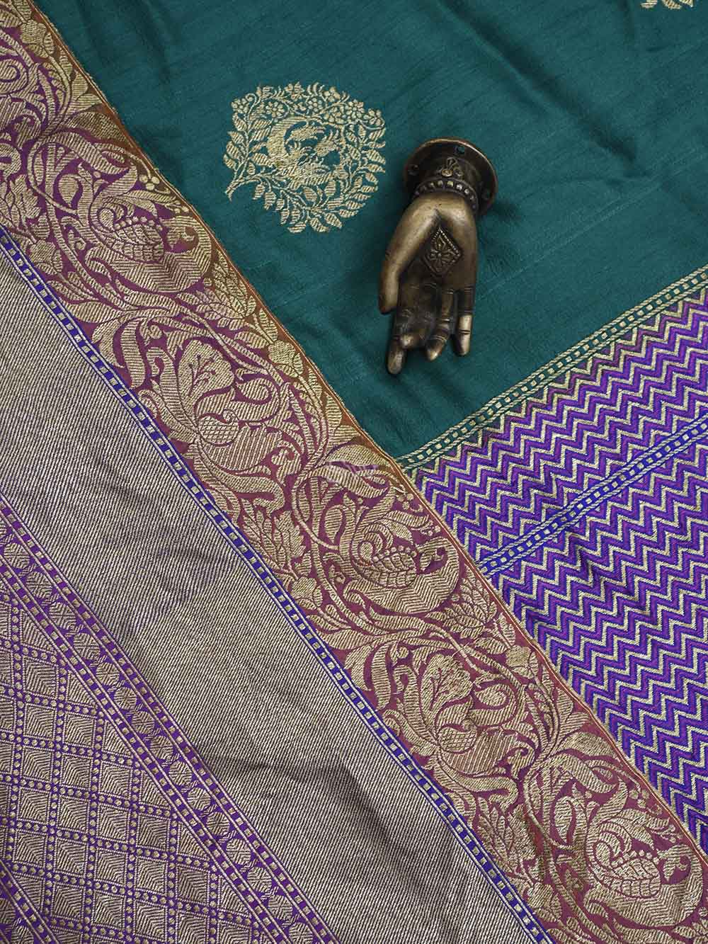 Dark Green Tussar Silk Handloom Banarasi Saree - Sacred Weaves