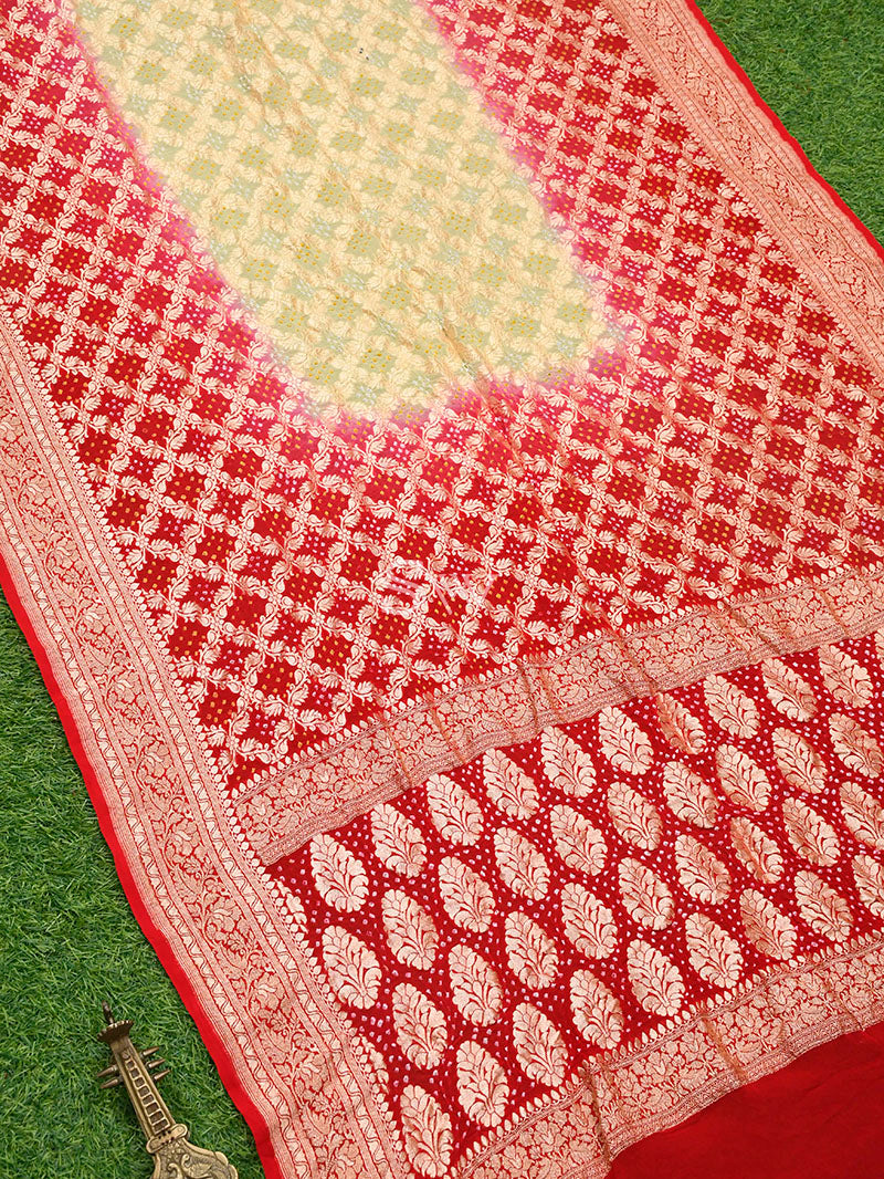 Red-Beige Bandhani Khaddi Georgette Handloom Banarasi Saree - Sacred Weaves