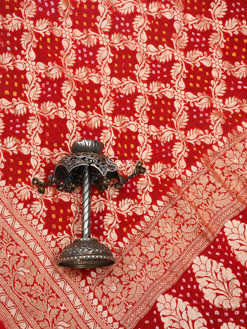 Red-Beige Bandhani Khaddi Georgette Handloom Banarasi Saree - Sacred Weaves