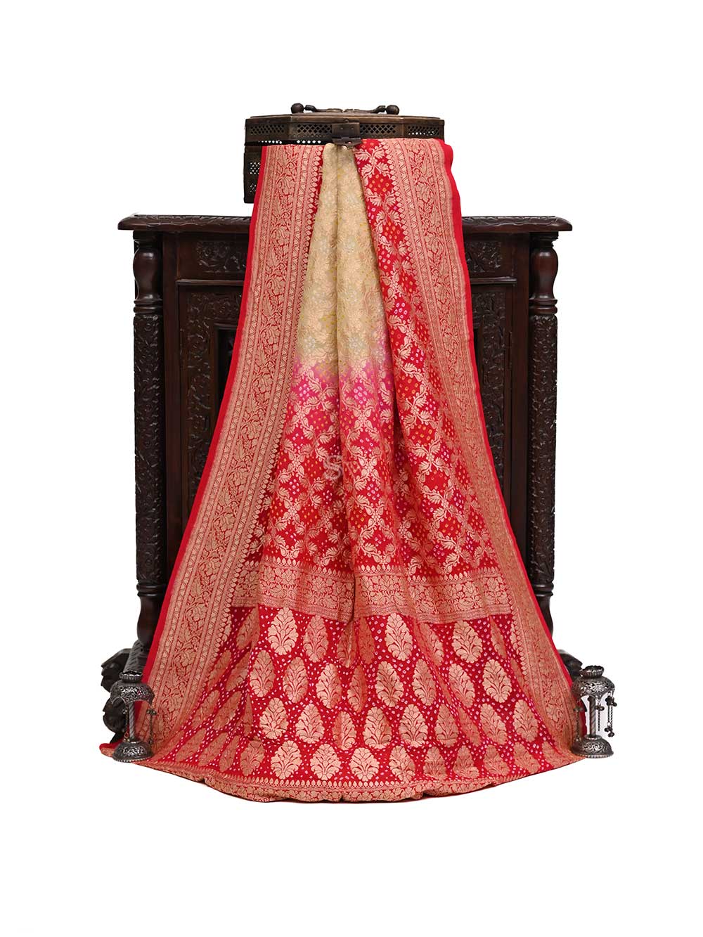 Red-Beige Bandhani Khaddi Georgette Handloom Banarasi Saree - Sacred Weaves